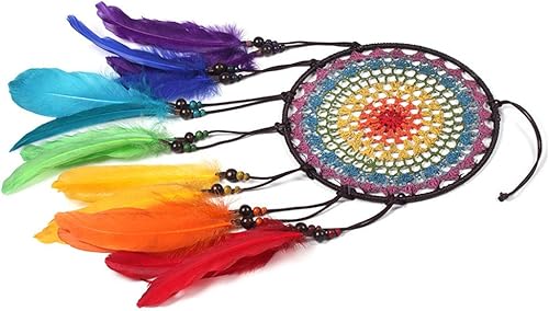 Attrape-rêves - Décoration murale avec plumes arc-en-ciel pour chambre d'enfant, garçons et filles - Diamètre : 19,8 cm - Longueur : 60 cm (n° 03) - Nail Gallerys