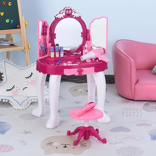 HOMCOM Coiffeuse Enfant Table de Maquillage Fonction de Lumière et de Musique Fuchsia Rose Blanc - Nail Gallerys