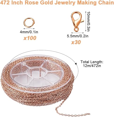 12 M Or Rose Chaine Bijoux Acier Inoxydable, Chaine pour Bijoux, Chaîne Au Mètre avec 30 Fermoirs de Homard et 100 Anneaux de Sautage, Chaine Fabrication Bijoux pour La Fabrication de Bijoux - Nail Gallerys