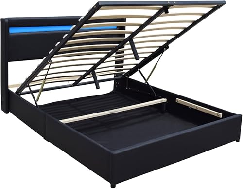 King of Dreams Lit Coffre Déhoussable 120x190 cm avec Tête de Lit LED - 12 Lattes - Montage Rapide - Revêtement PVC Simili Facile d'entretien - Nail Gallerys