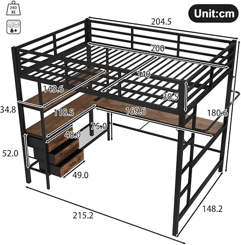 Zubaliya Lit superposé Enfant 140x200 cm avec Prise + USB et éclairage LED,lit Mezzanine 1 Place 140x200 avec 3 tiroirs,lit cabane Enfants avec Bureau,étagères,escalier,Noir (sans Matelas) - Nail Gallerys