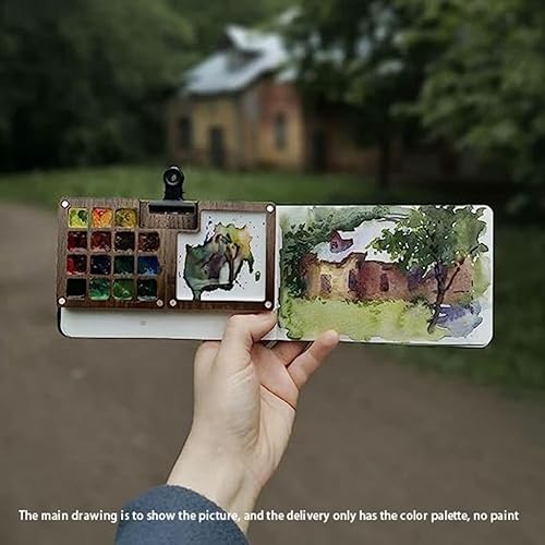 Facaijias Palette D'Aquarelle Portable, Palette de Carnet de Croquis 15 Couleurs, BoîTe à Palette en Bois, Palette de Peinture de Voyage (sans Couleurs) - Nail Gallerys