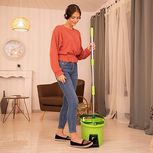 Relaxdays 10024674_883 Balai Profi Seau Pédale Fonction Essorage INOX Manche Télescopique 2 Têtes Serpillère 28x44x29cm, Vert/Argenté, Acier Inoxydable, Standard - Nail Gallerys