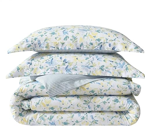 Laura Ashley Parure de lit réversible Douce, Comprend des taies d'oreiller et des oreillers Assortis en Coton, Bleu Nora/Jaune/Vert/Blanc, lit Double - Nail Gallerys