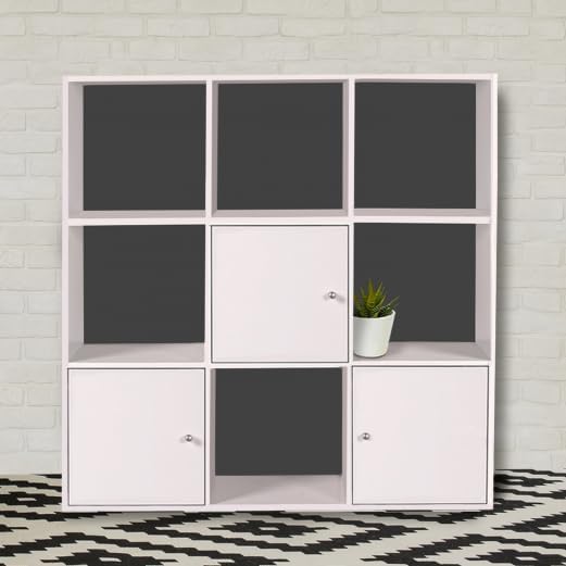 IDMarket - Meuble de Rangement Cube Rudy 9 Cases Bois Blanc avec 3 Portes Fond Gris - Nail Gallerys