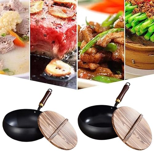 Poêle japonaise en fer non revêtue avec couvercle et poignée en bois, forgée à la main, antiadhésive, pour induction, électrique, gaz, toutes les tables de cuisson (motif marteau, 20 cm) - Nail Gallerys