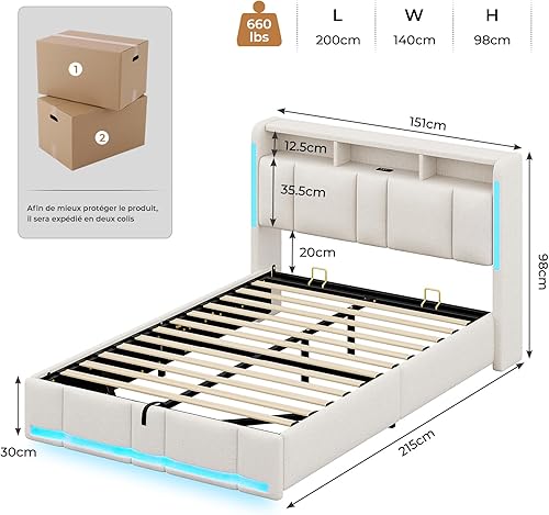 AOGLLATI Lit Coffre 140x190 CM, Lit Double avec LED et Ports USB, Cadre de lit avec Tête de Lit capitonné et Rangement, Lattes en Bois, Lin Gris Foncé(sans Matelas) - Nail Gallerys
