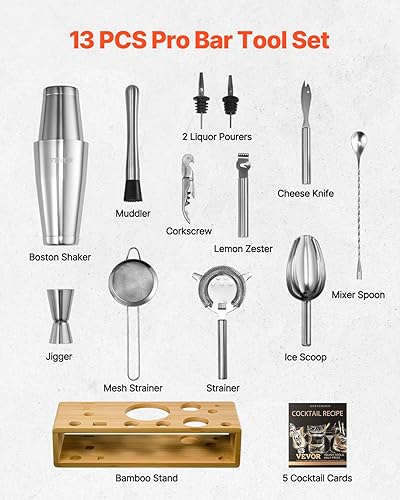 VEVOR Ensemble shaker à cocktail 13 pcs, accessoire pour barman Boston en acier inox avec support en bambou, cuillère à mélanger, doseur, passoire, verseur, cuillère à glace, zesteur de citron, argent - Nail Gallerys