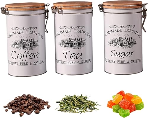 Meooyo Tea Coffee Sugar Cancardes Ensemble de 3 contenants de sucre à thé café pots en métal avec des cartouches couvercle bambou étanches étanchées à l'air pour la cuisine - Nail Gallerys