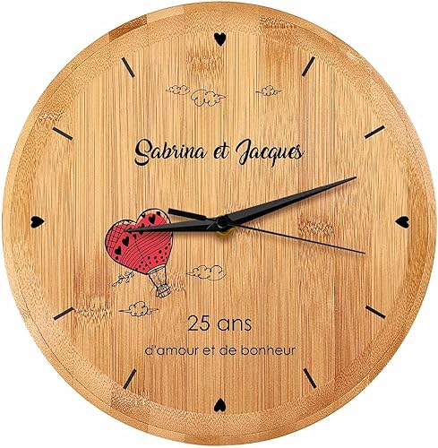 Maverton Pendule Murale Personnalisée - Horloge Ronde avec imprimante - Montre Murale en Bois de Bambou avec des Aiguilles Noires – Cadeau d’Anniversaire pour Chaque Couple - Jeunes mariés - Nail Gallerys