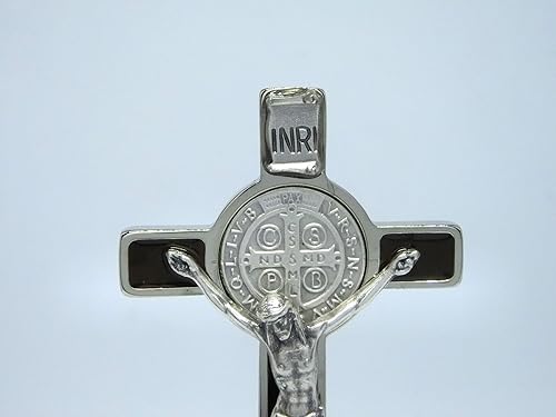 GTBITALY 10.006.11 Croix de Saint Benoît Argent émaillé à la Main sur Base Bois Marron - Nail Gallerys