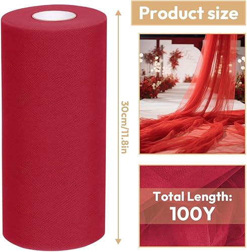 Rouleau de Tulle - 30 cm x 92 m - Tissu Tulle pour Noeud Voiture Mariage, Deco Mariage, Ruban Mariage Voiture, Noeud pour Chaise Mariage - Polyester Organza (Rouge) - Nail Gallerys
