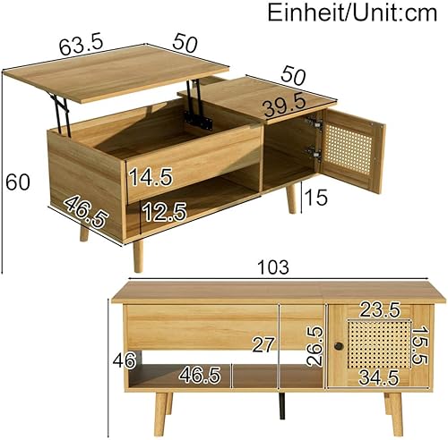 Sweiko Table Basse multifonctionnelle avec Plateau relevable et Porte en rotin, Table de Rangement de Salon avec Espace de Rangement Pratique et Design Fonctionnel (103 L x 50 B x 46 H) - Nail Gallerys