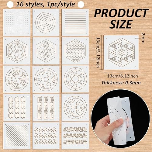 BENECREAT 16 pochoir Sashiko en Plastique de Styles Mixtes Points et Lignes 13x13cm Grille Hexagones Outil de Broderie de Plantes Modèle de Ligne pour le Matelassage Broderie, Épaisseur de 0.3mm - Nail Gallerys