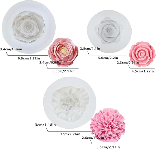 pekifaves 3 pièces fleurs bougies moules en silicone, roses œillet pivoine 3D silicone moule à bougie, moules en silicone moules bougies petites fleurs, bricolage fabrication, pâtisserie - Nail Gallerys