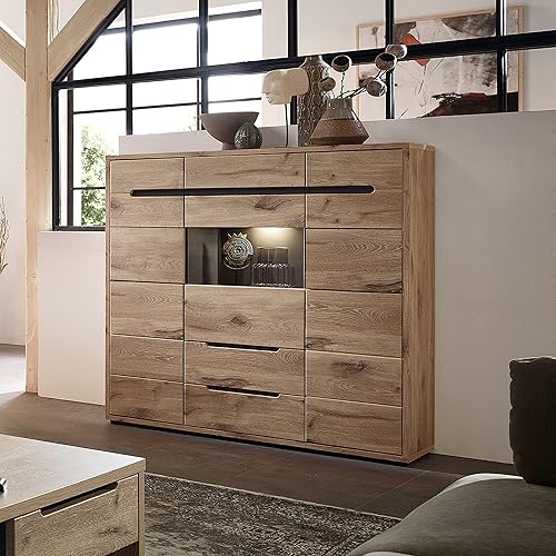 Stella Trading Bellano Highboard Aspect chêne Viking Graphite-Meuble de Salon Moderne avec tiroirs et éclairage LED, Bois d'ingénierie - Nail Gallerys