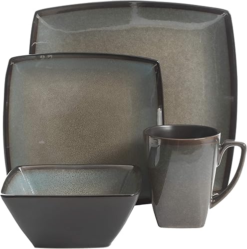 Gibson Elite Tequesta Stoneware Reactive Glaze Service de Table carré pour 4 Personnes (Lot de 16) Taupe - Nail Gallerys