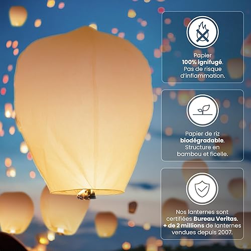 SKYLANTERN 10x Lanterne Volante Blanc 50x80 - Papier Indéchirable - 100% Ignifugé - 100% Biodégradable - sans Métal - Brûleur Inclus et Déjà Monté - Envol et Sécurité Garantis - N°1 en France - Nail Gallerys