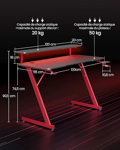 SONGMICS HOME Bureau de Jeu, avec Lumière LED, en Forme de Z, Support Moniteur, Porte-Gobelet, Crochet pour Casque, pour Bureau à Domicile, Noir Carbone et Rouge Rubis LWD099B01 - Nail Gallerys