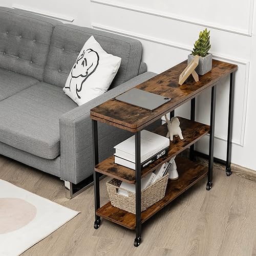 COSTWAY Table d’Appoint, Bureau d’Angle Mobile avec 3 Étagères, Bout de Canapé Convertible pour Salon, Chambre, Montage Facile, Bureau avec Rangement, Marron Rustqiue(L) - Nail Gallerys