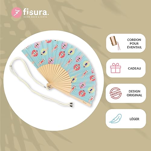 fisura. - Éventail original bleu avec motifs de nageurs. Éventail en bois moderne et amusant. Éventail bleu. Dimensions : 42,5 x 23. Matériau : Bois et textile. - Nail Gallerys