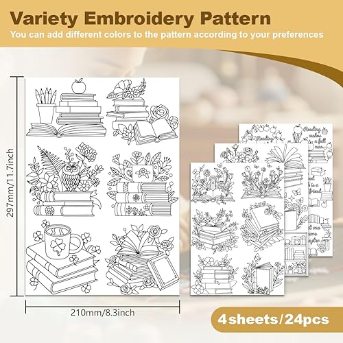 DOODLREAM Lot de 24 stabilisateurs de couture à la main solubles dans l'eau pour livres et fleurs 20,3 x 45,7 cm - Motif de broderie - 4 feuilles de bibliothèque - Feuille de bâton et de papier à - Nail Gallerys