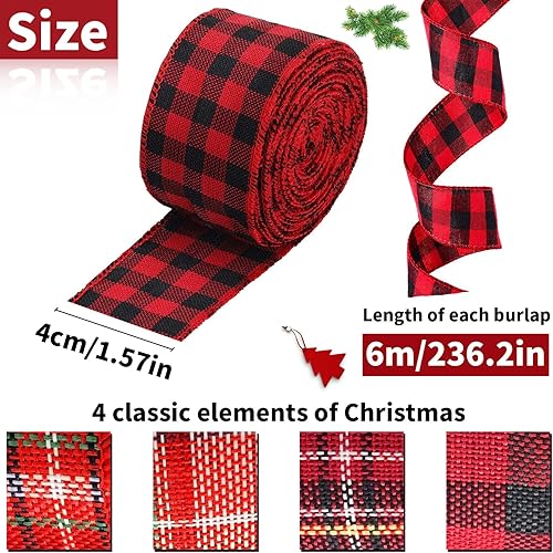 Reofrey Lot de 4 rouleaux de ruban en toile de jute rouge et noir à carreaux de Noël, pour Noël, mariage, anniversaire, festival, décoration - Nail Gallerys
