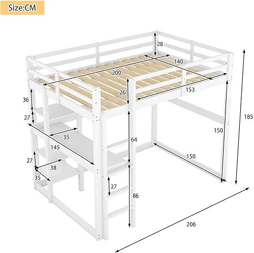 YEHTOKHOME Lit loft Moderne 140x200cm avec Bureau et escalier, Multifonctionnel lit Mezzanine en Bois avec étagères, Garde-Corps et sommier à Lattes(sans Matelas) (Naturel) - Nail Gallerys