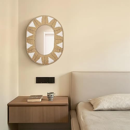 Oairse Miroir mural ovale en rotin - Style bohème - Moderne - Avec crochet en métal - Décoration murale bohème - Décoration murale - Pour salle de bain, entrée, salon, chambre à coucher - Nail Gallerys