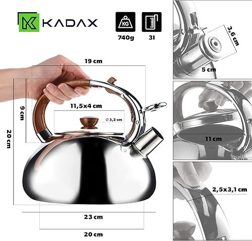 KADAX Bouilloire sifflante en acier inoxydable - 2,5 l - Avec poignée antidérapante - Pour cuisinières électriques, à gaz et céramiques - Argenté - Nail Gallerys