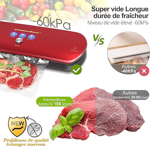 KitchenBoss Machine Sous Vide Alimentaire,Appareil de Mise ,Système Automatique de Sous Vide,pour Conservation des Aliments,Inclus 5 Pcs Sac Sous Vide Alimentaire(Rouge) - Nail Gallerys