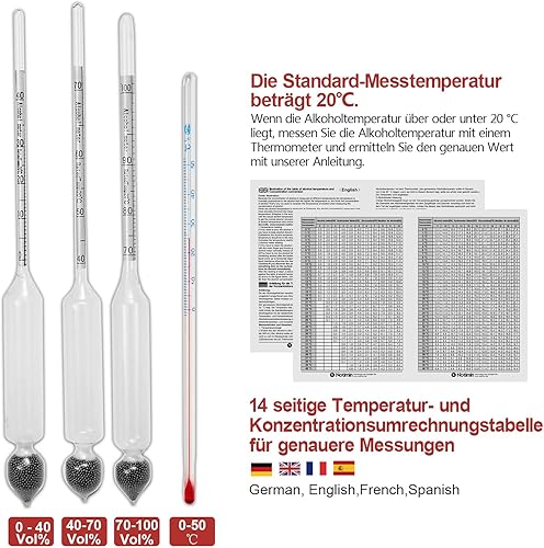 Notimin Alcoomètre Pèse-Alcool – Set de 3 Hydromètres 0-40 40-70 70-100 Vol% + Thermomètre + Cylindre de Mesure pour Mesurer la Teneur en Alcool du Eau-de-Vie, Whisky, Vodka etc. (Manuel français) - Nail Gallerys
