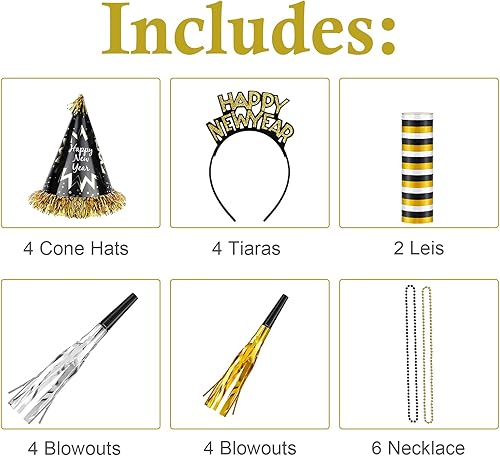 HOWAF 26 Pièces Bonne Année 2025 Nouvel an fête Fournitures Kit de Décorations, Noir Or Happy New Year Chapeaux de Cône Bandeau Cornes Sifflet Colliers, Photobooth pour Fête du Nouvel an Fournitures - Nail Gallerys
