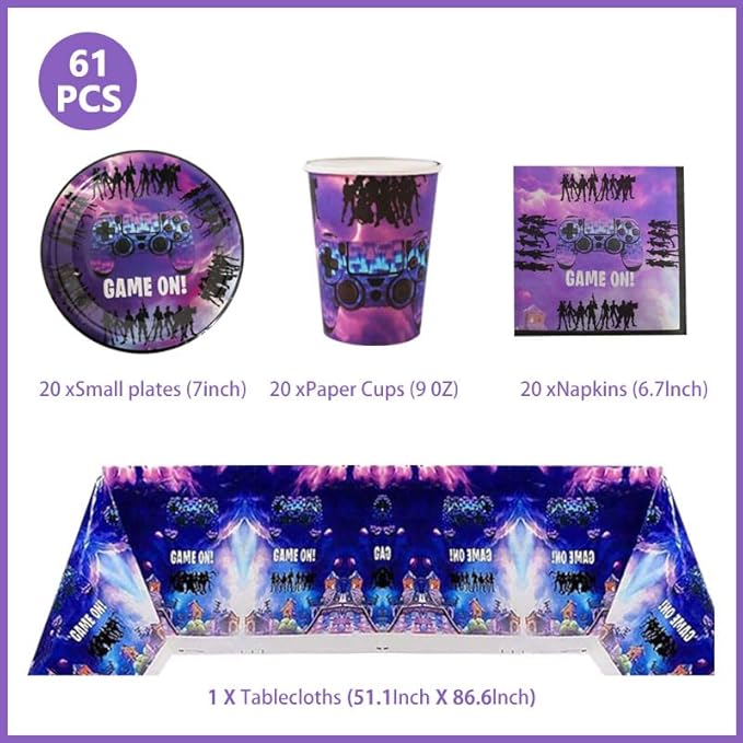Doyomtoy 61PCS Fortnite Vaisselle de fête, fête d'anniversaire pour enfants, vaisselle de fête, y compris tasses, assiettes, nappes, serviettes en papier, idéal pour les fêtes de jeux (20 personnes) - Nail Gallerys
