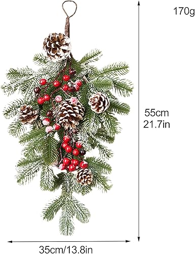 EESLL Guirlande de Noël en forme de larme de 54,9 cm - Décoration de porte en forme de larme de Noël - Couronne de Noël en pin et pommes de pin avec baies rouges - Nail Gallerys