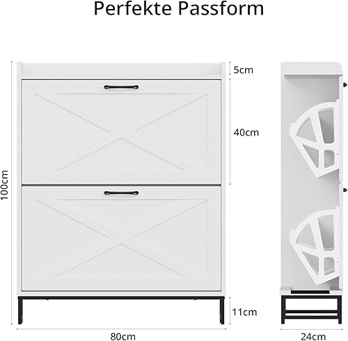 VOWNER Armoire à chaussures étroite à 2 rabats réglables - Peu encombrante - Rangement à chaussures pour couloir - 80 x 24 x 101 cm - Pour 12 à 16 paires de chaussures - Blanc - Nail Gallerys