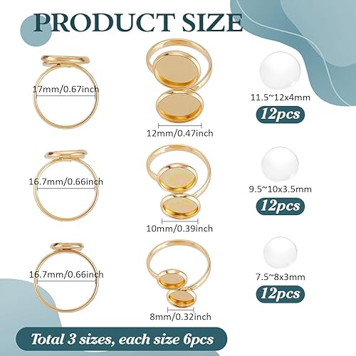 PH PandaHall 18pcs Bases de Bagues Vierges Plaquées Or 18 carat 3 tailles Plateaux de Lunette de Bague Ronds Plats en Acier Inoxydable avec 36pcs 6/8/10/12mm Cabochons pour Bijoux en Bague Bricolage - Nail Gallerys
