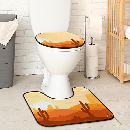 VAPOKF Lot de 2 tapis contour WC en forme de U et housse pour abattant de WC, tapis de salle de bain en flanelle douce et antidérapante, housse pour abattant de toilettes, motif cactus, lever du - Nail Gallerys