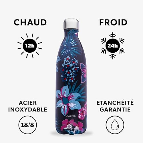 Qwetch - Bouteille Isotherme Bornéo Noir 1L - Gourde Nomade Inox - 24h Froid et 12h Chaud - Etanche, Sans BPA & Réutilisable - Gourde isotherme pour Sport, Voyage, Bureau, Randonnée - Nail Gallerys