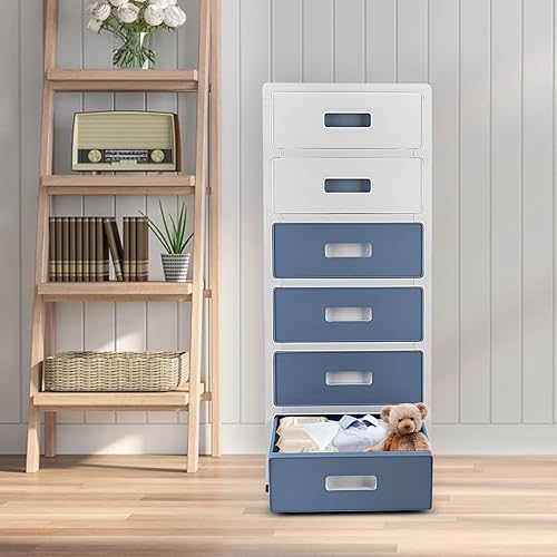 Système de rangement à tiroirs, en plastique, avec roulettes, à 6 tiroirs, tour de rangement en plastique, organiseur pour bureau, salon (bleu, blanc) - Nail Gallerys