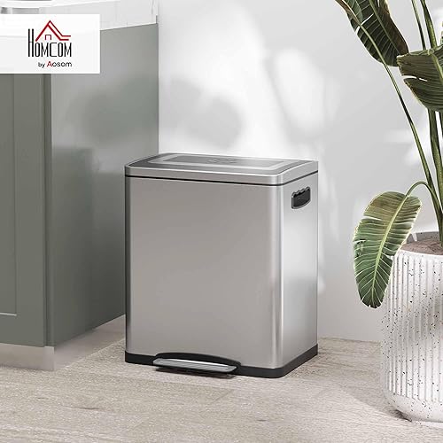 HOMCOM Poubelle de cuisine de 2 x 15L poubelle à pédale 2 compartiments, en acier inoxydable avec couvercle à fermeture douce, seaux amovibles, 40L x 34,8l x 47,5H cm argent - Nail Gallerys