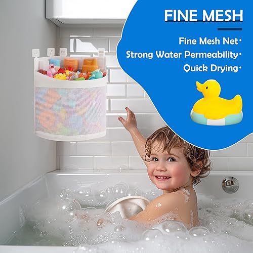 Rangement Jouet Bain, Large Capacité Filet Jouet Bain Bebe, Sac en Maille Pour Jouets Baignoire, Filet de Rangement Suspendu pour Jouets de Baignoire avec 4 Crochets Adhésifs - Nail Gallerys