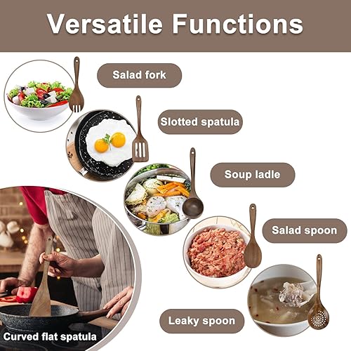 HMIEPRS 6 Pièces Ustensiles de Cuisine Bois, Antiadhésifs Naturel Cuillères en Bois, Résistant à la Chaleur Essentials Set d'ustensiles de Cuisine, Cuillères Fourchette et Spatule pour la Cuisine - Nail Gallerys