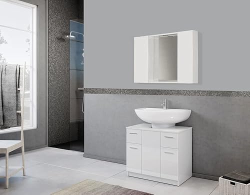 Mama Store Miroir Salle de Bain avec 2 Compartiments récipient et lumière LED-Blanc Brillant laqué, L. 81 cm x P. 16 cm x H. 60 cm - Nail Gallerys