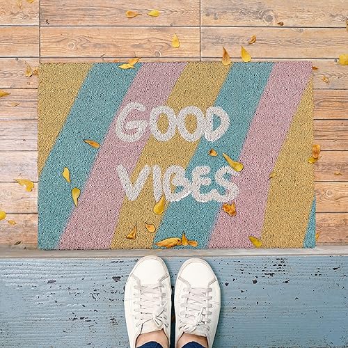 Relaxdays Paillasson Coco, Tapis d’entrée «Good Vibes», rayé, antidérapant, intérieur & extérieur, 40 x 60 cm, coloré - Nail Gallerys