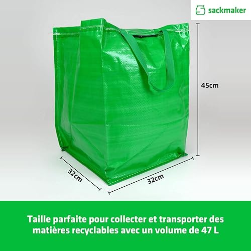 Sackmaker 47 Litres Sac de Recyclage avec Rabat Supérieur et Poignées - Astuce Sangle - Laminé Lingette Nettoyer Tissu - Premium Grade - Lourd Devoir Tissé PP Tissu (1 Sac, Vert) - Nail Gallerys