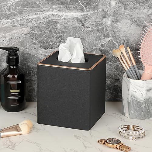 TOLIDA Boîte à mouchoirs carrée en polyuréthane avec bords dorés - Noir - 13 x 13 x 15 cm - Pour salle à manger, salon, chambre, bureau, hôtel - Nail Gallerys