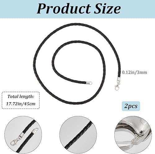 Beebeecraft 2 collier en Cuir Tressé Noir Véritable Cordon Rond en Cuir avec 925 fermoirs Mousquetons en Argent Sterling 3mm 45cm - Nail Gallerys