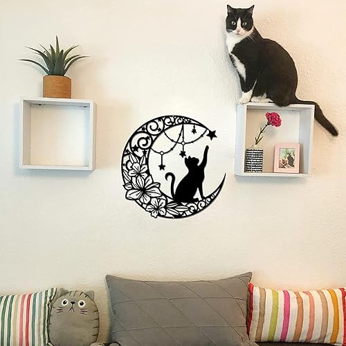 Arrovarp Décoration Murale Chat Lune En Métal, 11,8' Art Mural Noir En Métal | Métal Chat Noir Et Lune Art Mural | Chat Qui Choisit Des Étoiles Sur La Lune Décoration Murale Ronde Silhouette Art - Nail Gallerys