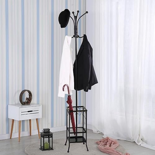 Yaheetech Portemanteau sur Pied en Métal avec Porte-Parapluie Meuble d’entrée Chambre Vestiaire Couloir Hauteur 186 cm Noir - Nail Gallerys